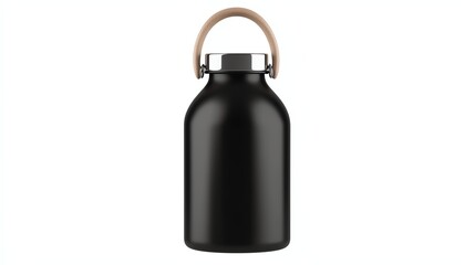 Obraz premium Stylish black water bottle with a wooden handle on a white isolated background.