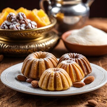An image of Arabian desserts kept in the table with blurry background 