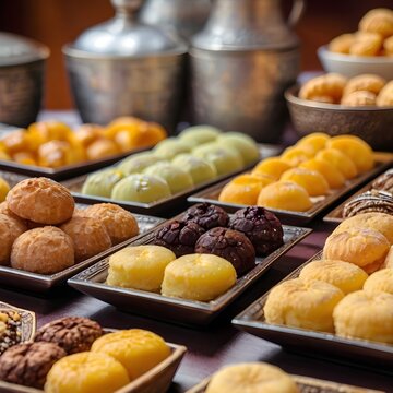 An image of Arabian desserts kept in the table with blurry background 