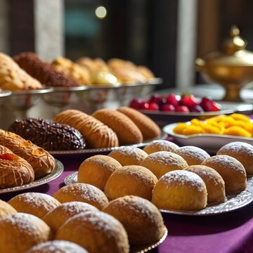 An image of Arabian desserts kept in the table with blurry background 
