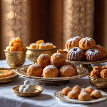 An image of Arabian desserts kept in the table with blurry background 