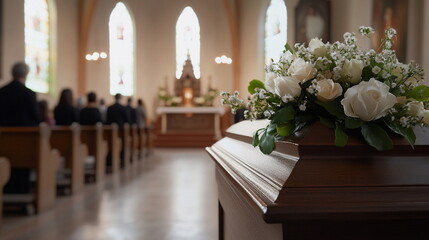 A church with a large gold cross on the altar. A casket with flowers on it is placed on the altar. The church is filled with people sitting in pews