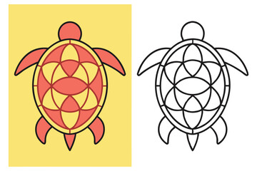Obraz premium Two Turtle Graphics One Colored on Yellow, Another as Simple Line Art on White