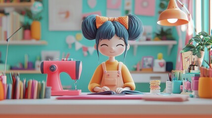 Cheerful Young Girl Sewing in a Colorful Craft Room Environment