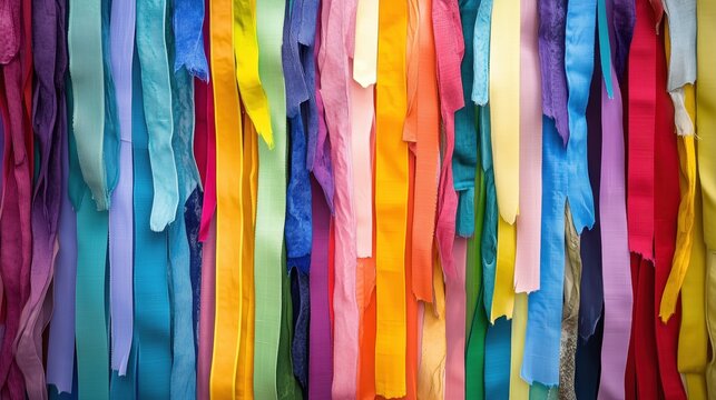 Strips of fabric in every shade of the rainbow flutter together, celebrating vibrancy, unity, and joyful diversity.

