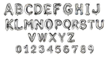 Capital letters chrome silver shine balloons set. Silver balloon letters for birthday celebrations. Chrome silver shiny balloon letter isolated on transparent background.