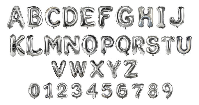 Capital letters chrome silver shine balloons set. Silver balloon letters for birthday celebrations. Chrome silver shiny balloon letter isolated on transparent background.