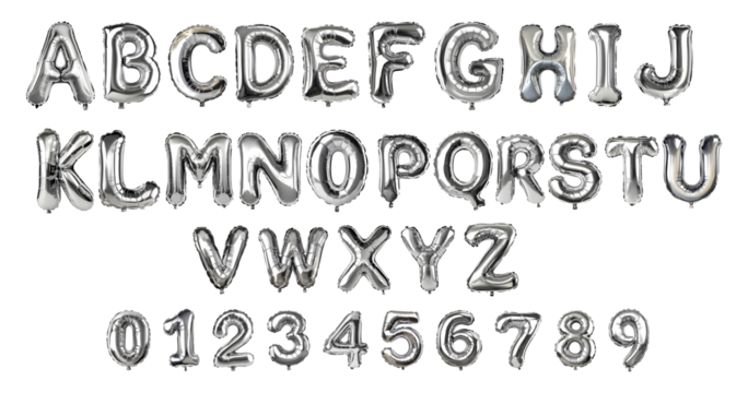 Capital letters chrome silver shine balloons set. Silver balloon letters for birthday celebrations. Chrome silver shiny balloon letter isolated on transparent background.