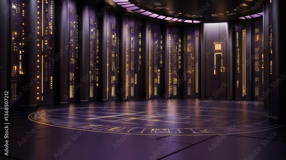 Poster futuristic interior design featuring illuminated walls and intricate patterns in a technology-inspir