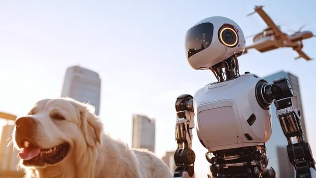 Advanced humanoid robot walking a dog in a futuristic city at sunset, symbolizing AI in everyday life