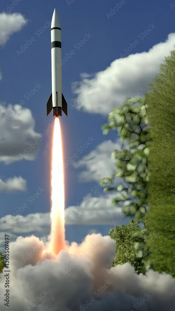 Poster rocket launch demonstration at a local park with clear skies and a crowd of spectators enjoying the 