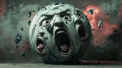 The sphere twists with expressive faces, the screaming one frozen in anguish, amplifying the scene&rsquo;s unsettling energy.
