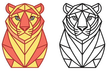Geometric Tiger Head Design Orange, Yellow, and Black Line Art Isolated on White