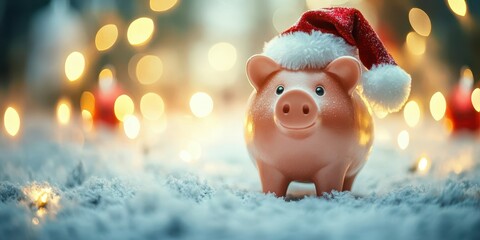 Holiday piggy bank wearing a Santa hat among festive lights on snowy surface