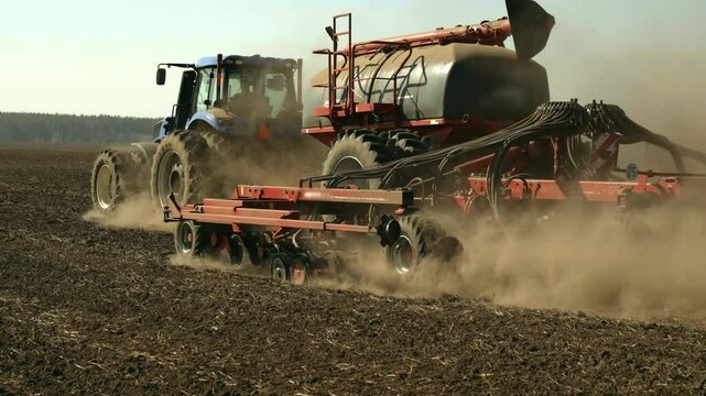 Slow Motion Modern Tractor Towing Precision Air Seeder Sowing Crops