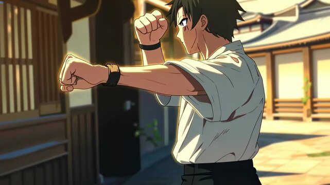 Young Asian man practicing martial arts in traditional dojo setting under the afternoon sun