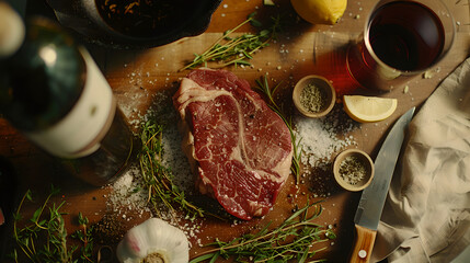 Steak preparation with fresh herbs, spices, and wine displayed on a rustic wooden table