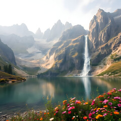 Peaceful mountain lake surrounded by lush evergreen forests and towering peaks reflecting in crystal clear water,Scenic alpine lake with turquoise waters nestled among majestic snow-capped mountains 