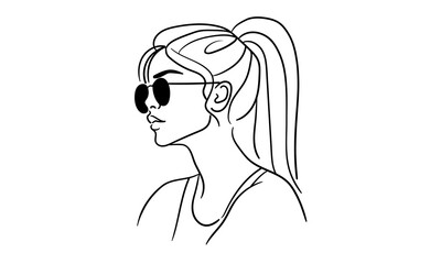 Girl narcissist, admires himself with black glasses on white background. Sport girl model line art drawing. Vector illustration