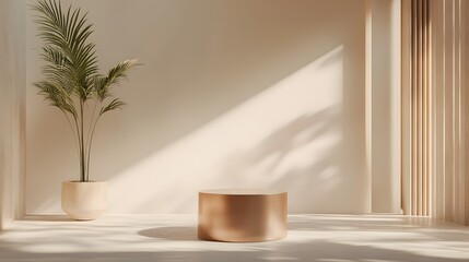 144. A simple, tall podium with a reflective surface, placed in a clean, minimalist environment with plenty of room for showcasing a product