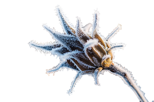 Close up of dry seed pod covered with sharp hoarfrost crystals on blurred winter garden background.