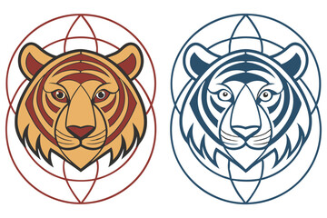 Tiger Head Vectors, Illustrated Style, Circular Geometric Design, Isolated on White