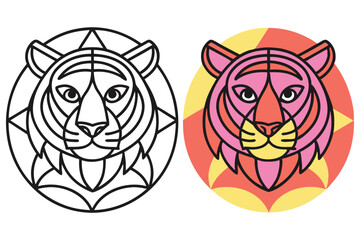 Geometric Tiger Head with Pink and Orange Color Block and Outline Version on White