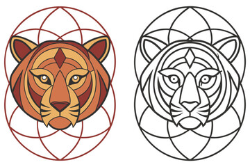 Striped Tiger Head with Geometric Circle Shapes on White Background