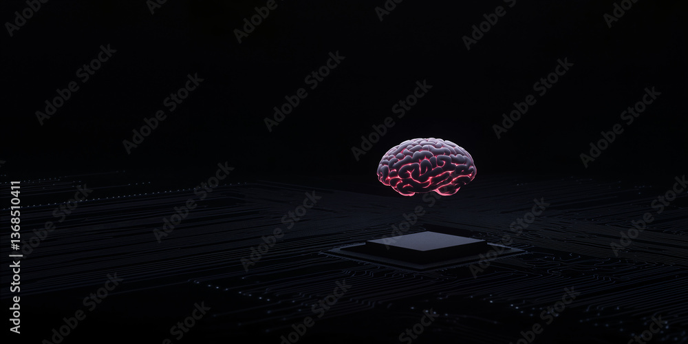 Poster brainwave: a digital rendering of a human brain, illuminated with glowing red light, hovering above 