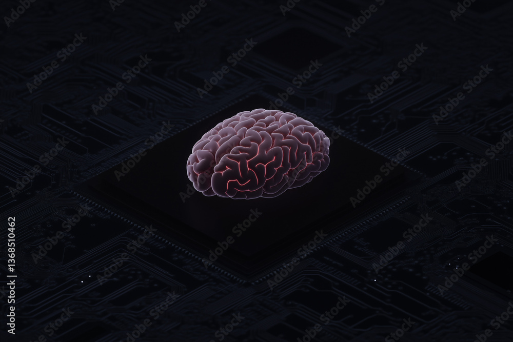 Poster brain on circuit board: a realistic human brain model sits atop a digital circuit board, capturing t