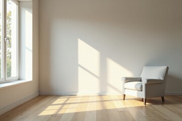 Serene Minimalist Room Interior Design Featuring a Light-Colored Armchair Basking in Sunlight Streaming Through a Window
