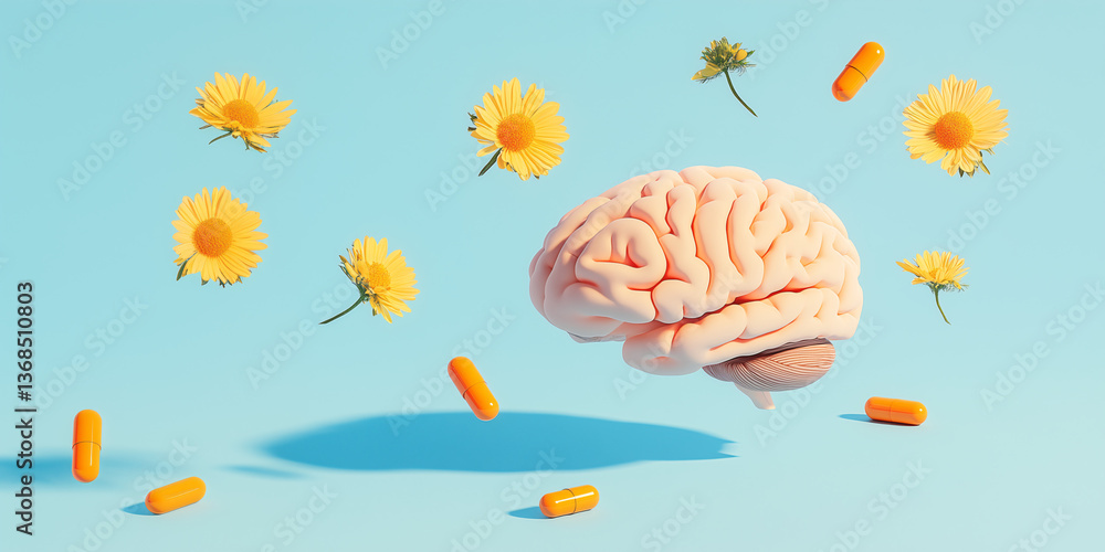 Poster nurturing the mind: a visually striking conceptual image featuring a human brain surrounded by float