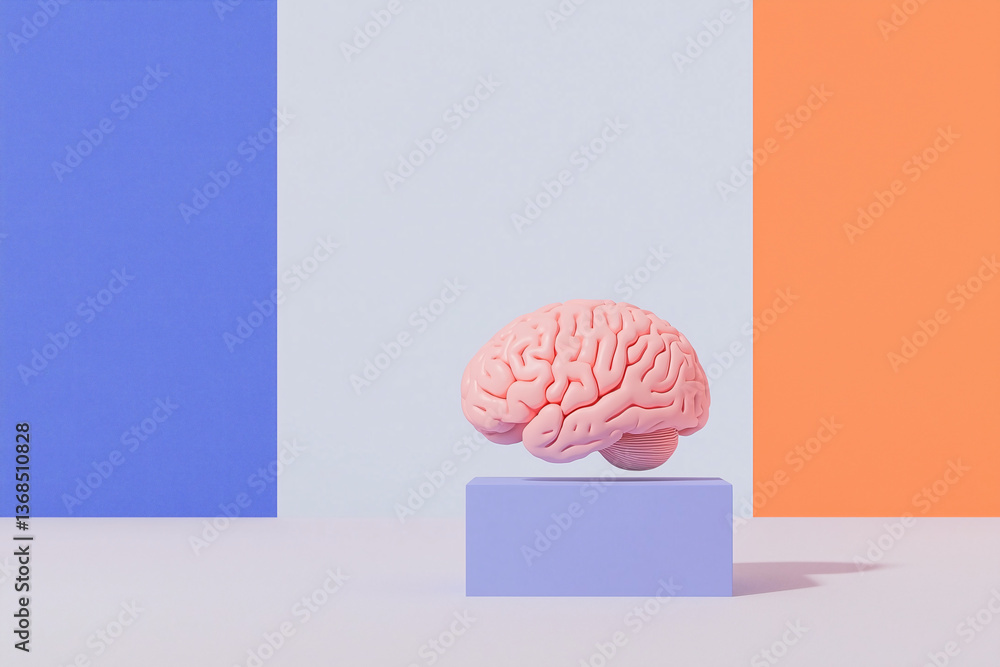 Poster mind's eye: a 3d rendering showcases a pink brain floating above a blue pedestal against a backdrop 