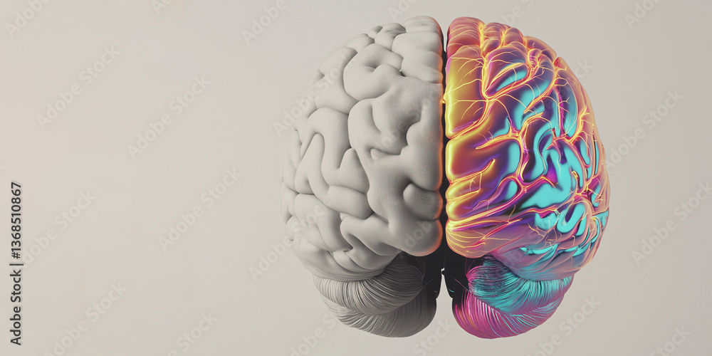 Poster brain hemisphere concept: an artistic rendering of a brain split into two halves, with one side a mo