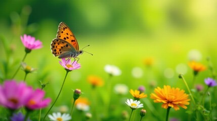Obraz premium A vibrant butterfly delicately perched on a pink flower amidst a field of colorful wildflowers, bathed in soft sunlight.
