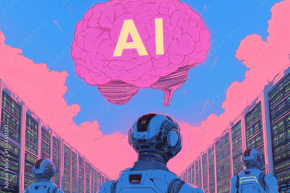 Poster ai brain: a futuristic scene of robots and the concept of artificial intelligence