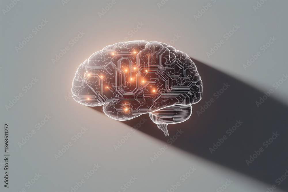Aufkleber illuminated brain: a 3d render of a human brain, its translucent form revealing a network of glowing