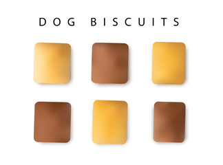 Filled dog biscuits icons, crackers symbols, soft crunchy pet treats, flavored small canine cookie