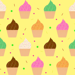 Seamless pattern, cake pattern, birthday cake, yellow background. Yellow often represents appetite. Suitable for use as a fabric pattern, wallpaper, birthday sign background.