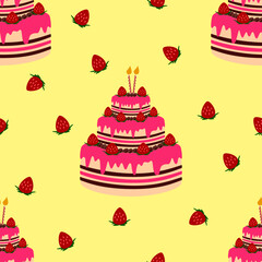 Seamless pattern, cake pattern, birthday cake, yellow background. Yellow often represents appetite. Suitable for use as a fabric pattern, wallpaper, birthday sign background.