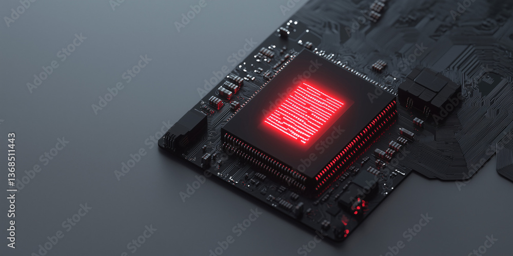 Poster digital heart: a close-up, futuristic look at a cpu illuminated with a soft, glowing red light. the 