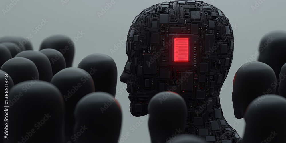 Poster cybernetic thinking: an evocative image symbolizing ai dominance in a human silhouette with glowing 