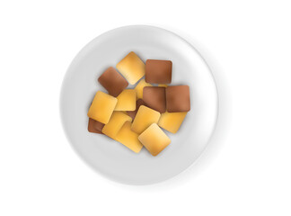 Filled dog biscuits icons, crackers symbols, soft crunchy pet treats, flavored small canine cookie