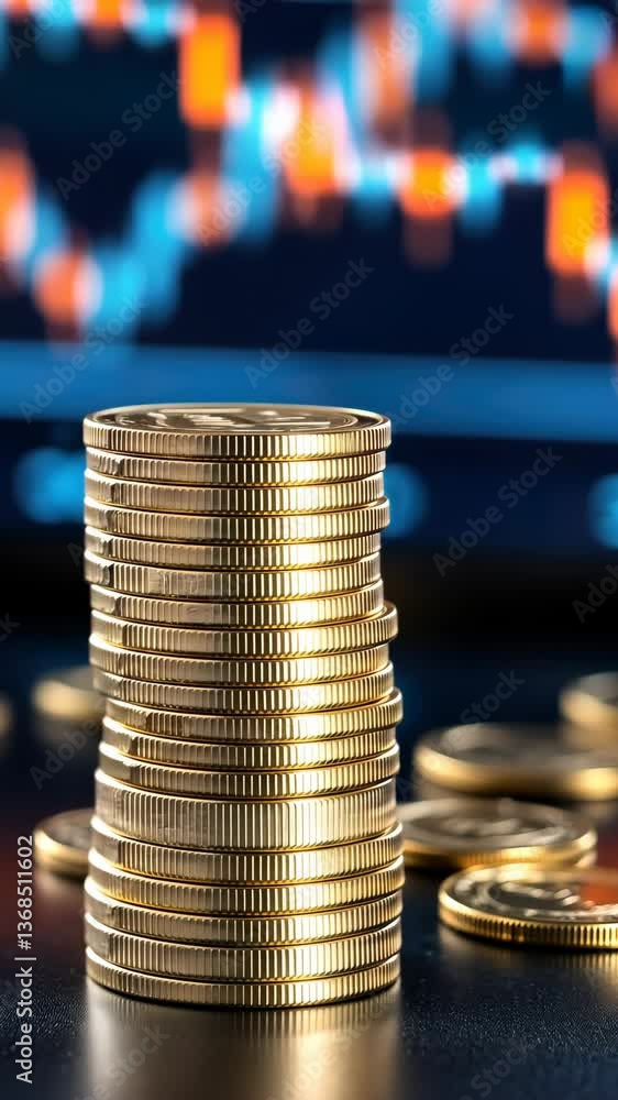 Aufkleber stack of shiny coins with a fluctuating market graph background highlighting trends in finance and i