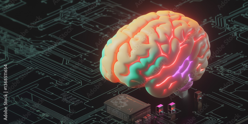 Poster brain's digital connection: illuminated brain rests upon a digital circuit board, highlighting conce