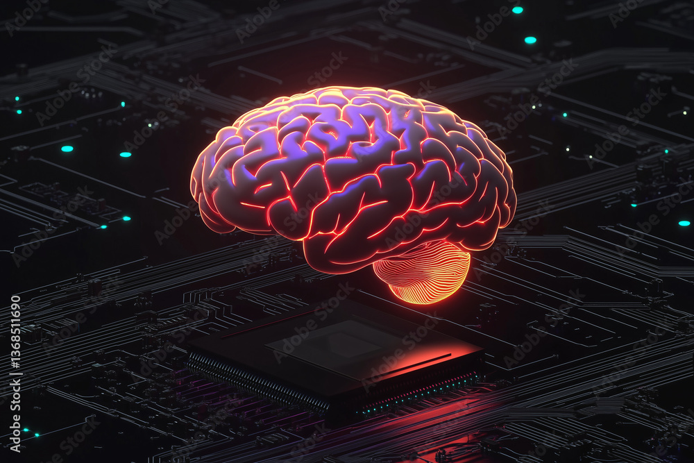 Poster brain and digital realm: an illuminated brain floats above a complex circuit board, symbolizing the 