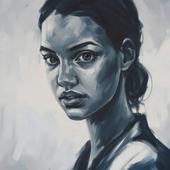 portrait of a woman gazing with intense eyes, her face painted with expressive brushstrokes