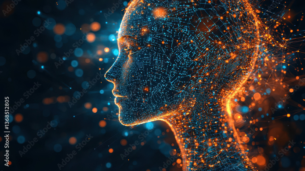 Poster cybernetic ai psychologist listens as a person shares thoughts in a futuristic setting full of data 