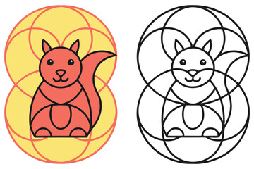 Two Squirrel Geometrical Design. Red and Black Outline on Transparent Background