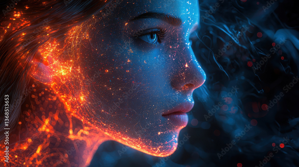 Poster cybernetic ai psychologist listens intently, data streams illuminating the translucent head during a